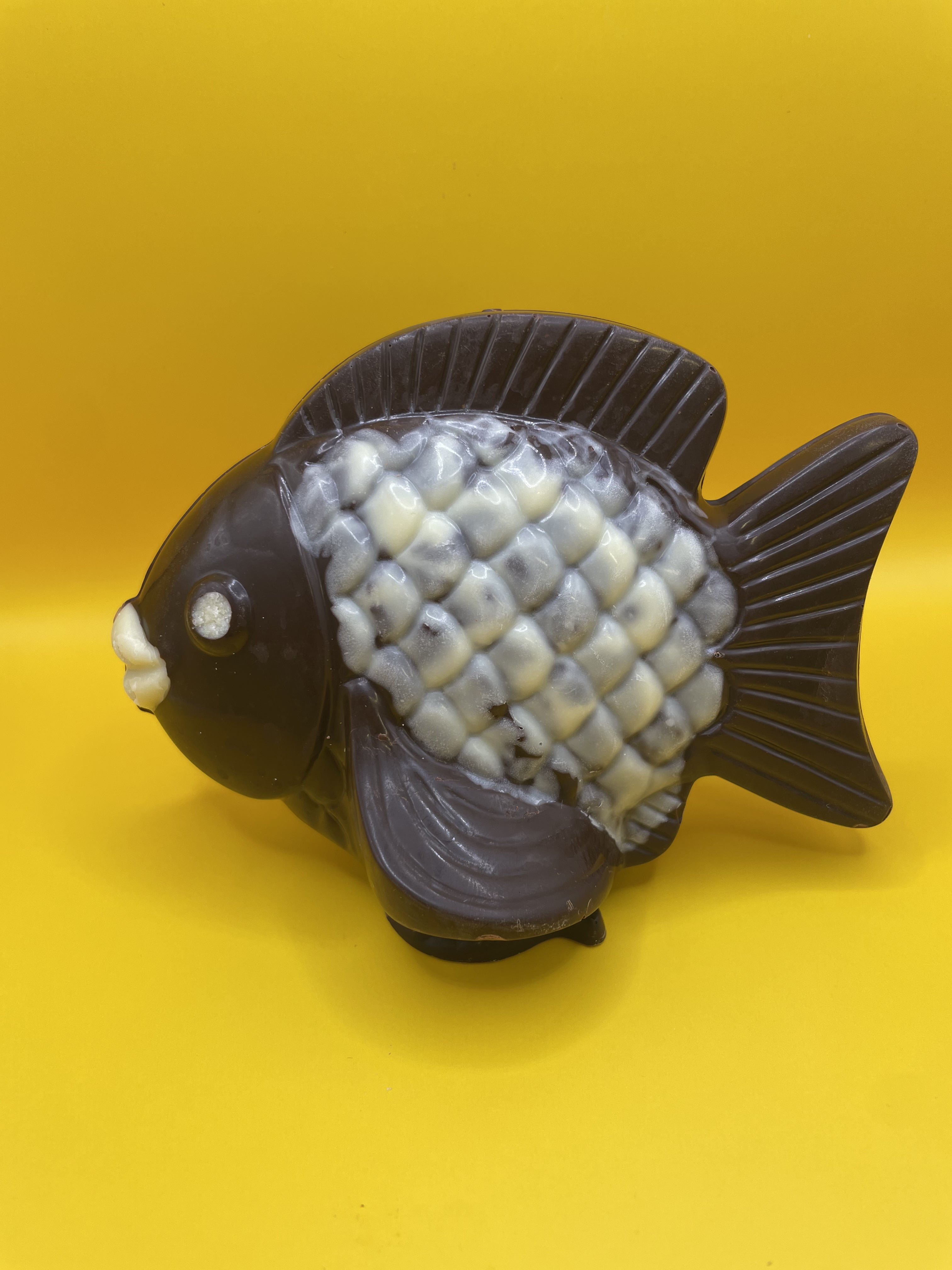 Poisson en chocolat noir décoré de chocolat blanc